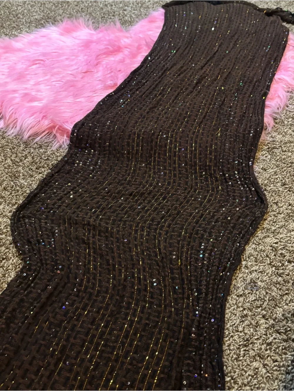 Brown Sequin Metallic Lurex Crinkle Scarf Wrap Shawl Y2K Boho
